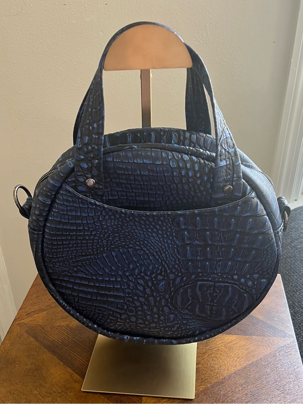 Round Embossed Faux-Croc Black and Blue Tote Bag